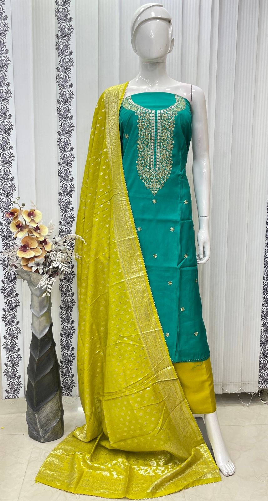 Roman Silk Heavy Neck Zardosi Work - Image 3