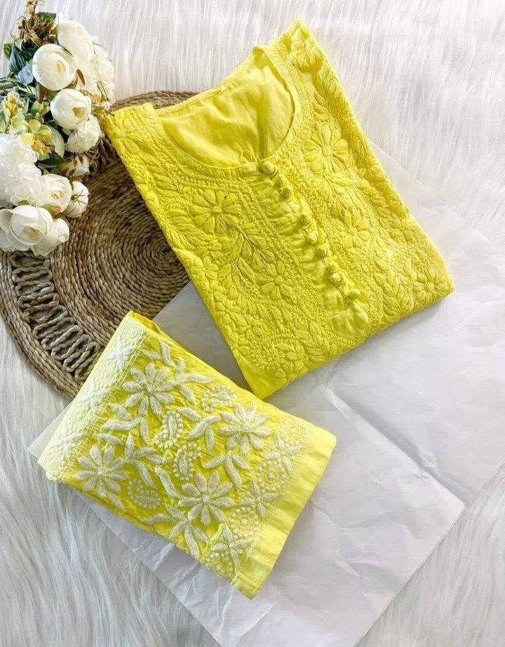Pure Chikankari Kurti And Pant Set - Image 6