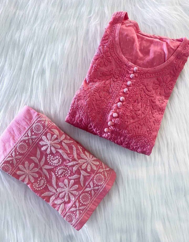 Pure Chikankari Kurti And Pant Set - Image 4