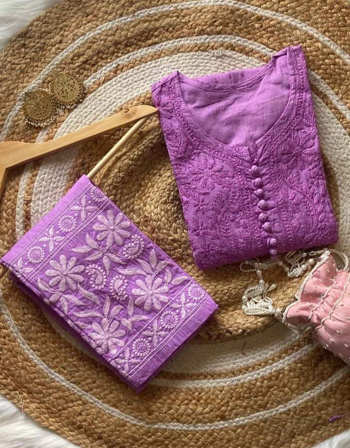 Pure Chikankari Kurti And Pant Set - Image 3