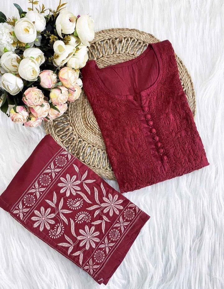 Pure Chikankari Kurti And Pant Set - Image 2